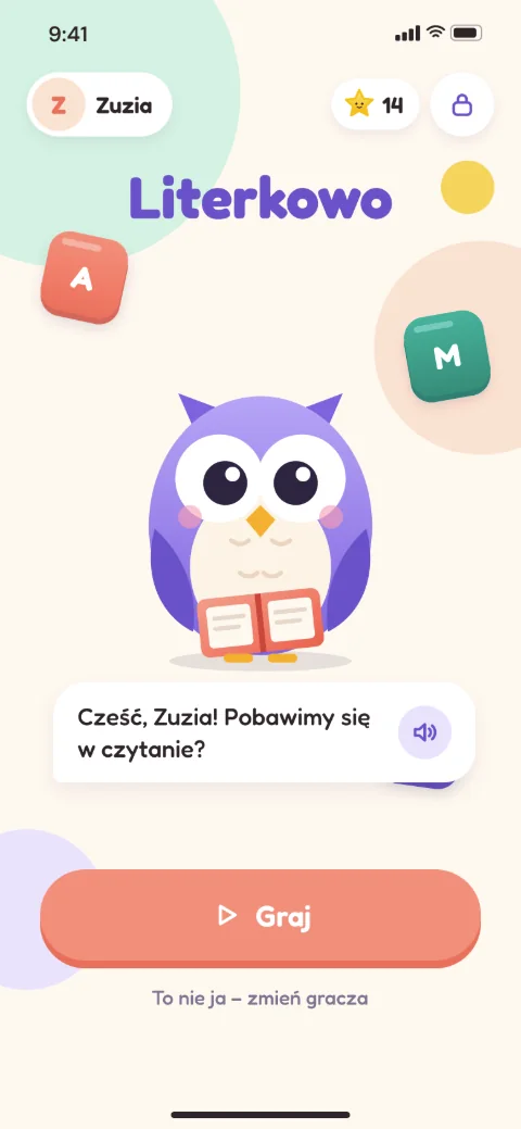 Ekran aplikacji: Start z sową Lilą