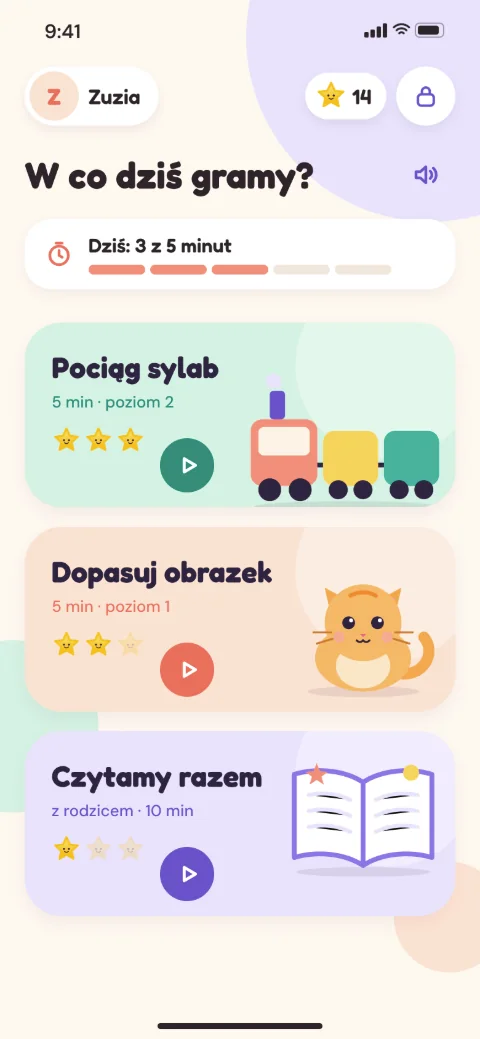 Ekran aplikacji: Dziecko wybiera jedną z 3 zabaw