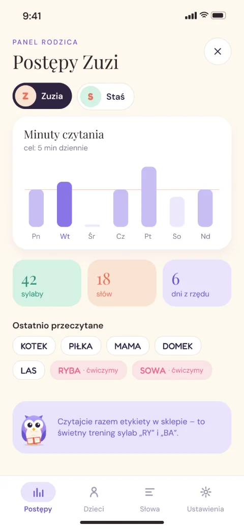 Ekran aplikacji: Postępy dziecka