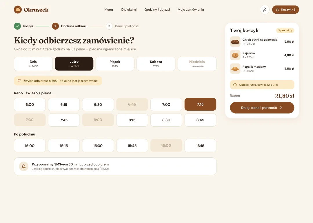 Ekran na komputerze: Wybór godziny odbioru