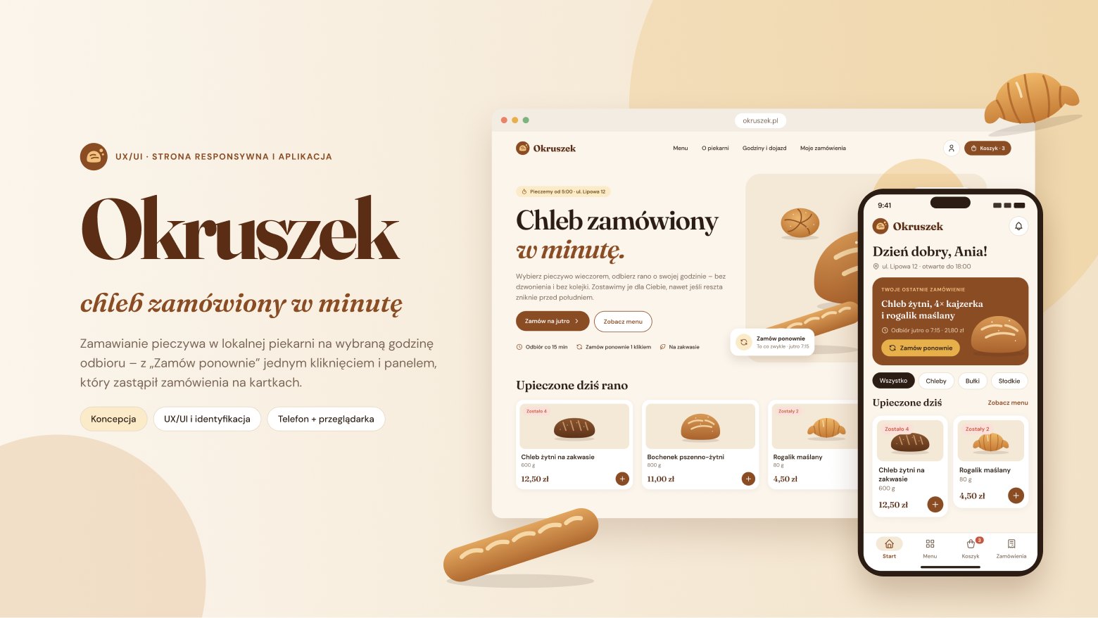 Okładka projektu Okruszek – chleb zamówiony w minutę: strona piekarni w przeglądarce, aplikacja na telefonie i ilustracje pieczywa