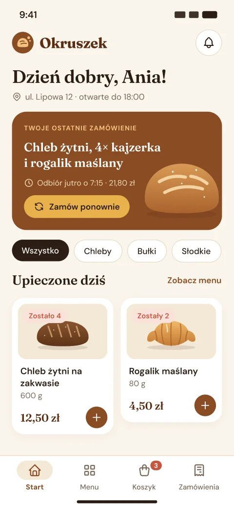 Ekran aplikacji: Na starcie widzi swoje ostatnie zamówienie