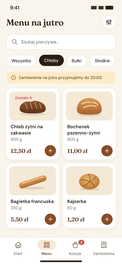 Ekran aplikacji: Menu na jutro