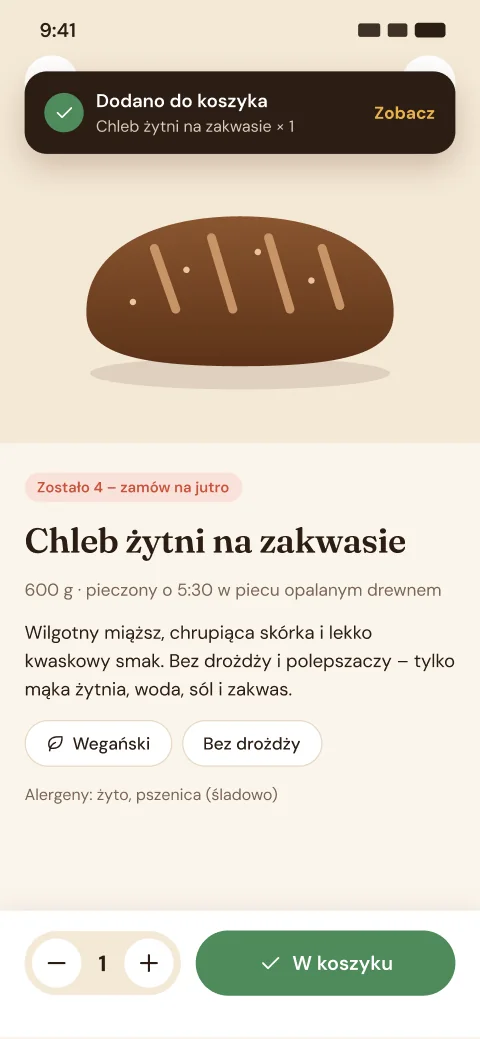 Ekran aplikacji: Dodano do koszyka