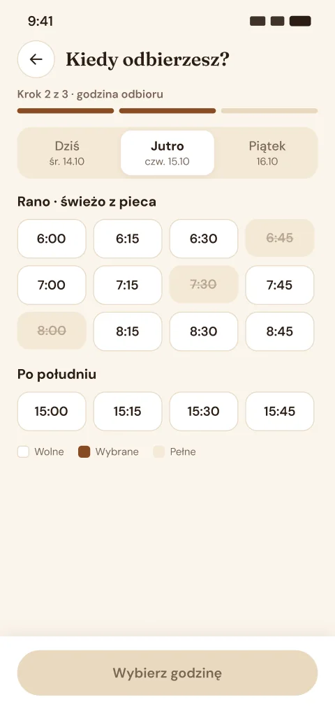 Ekran aplikacji: Godzina odbioru