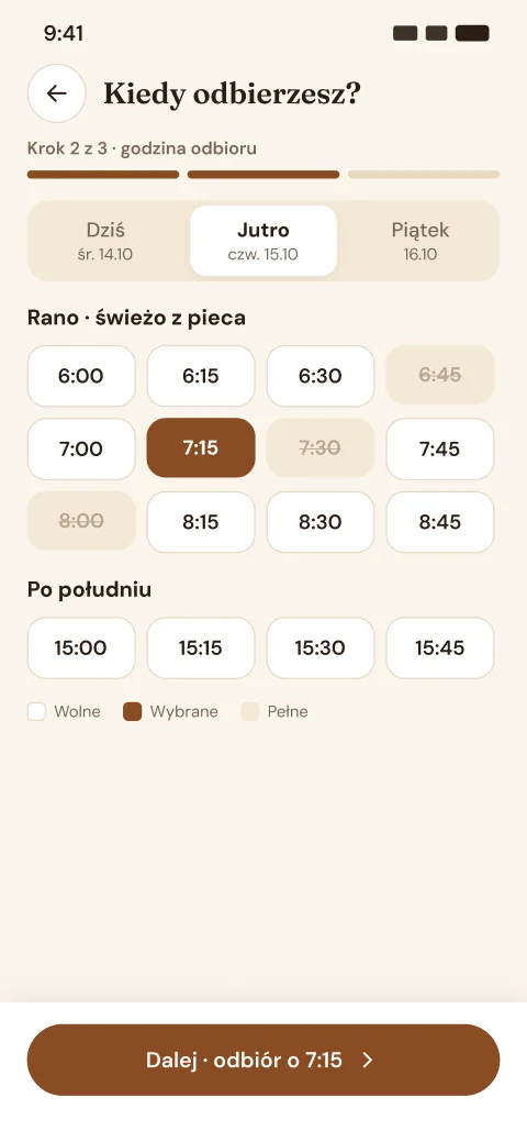 Ekran aplikacji: Wybiera wolne 15-minutowe okno odbioru