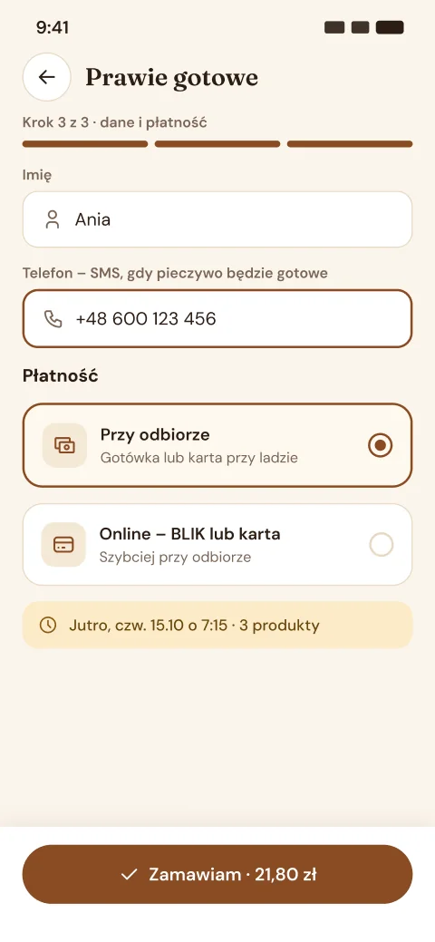Ekran aplikacji: Dane i płatność