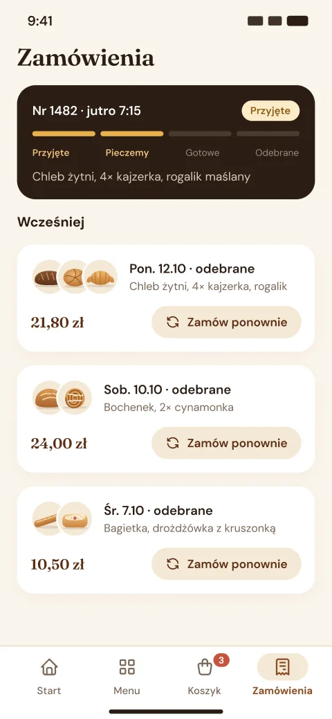 Ekran aplikacji: Moje zamówienia