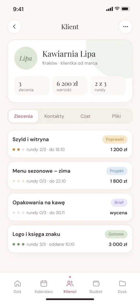 Ekran aplikacji: Zlecenie trafia do zakładki klienta