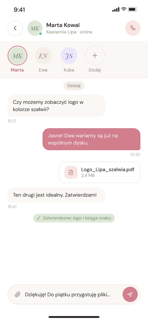 Ekran aplikacji: Czat z klientką