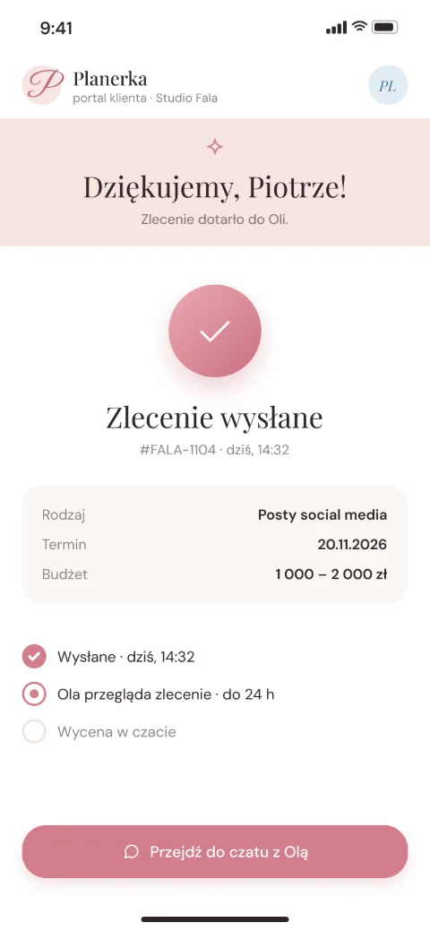 Ekran aplikacji: Dostaje potwierdzenie i etapy