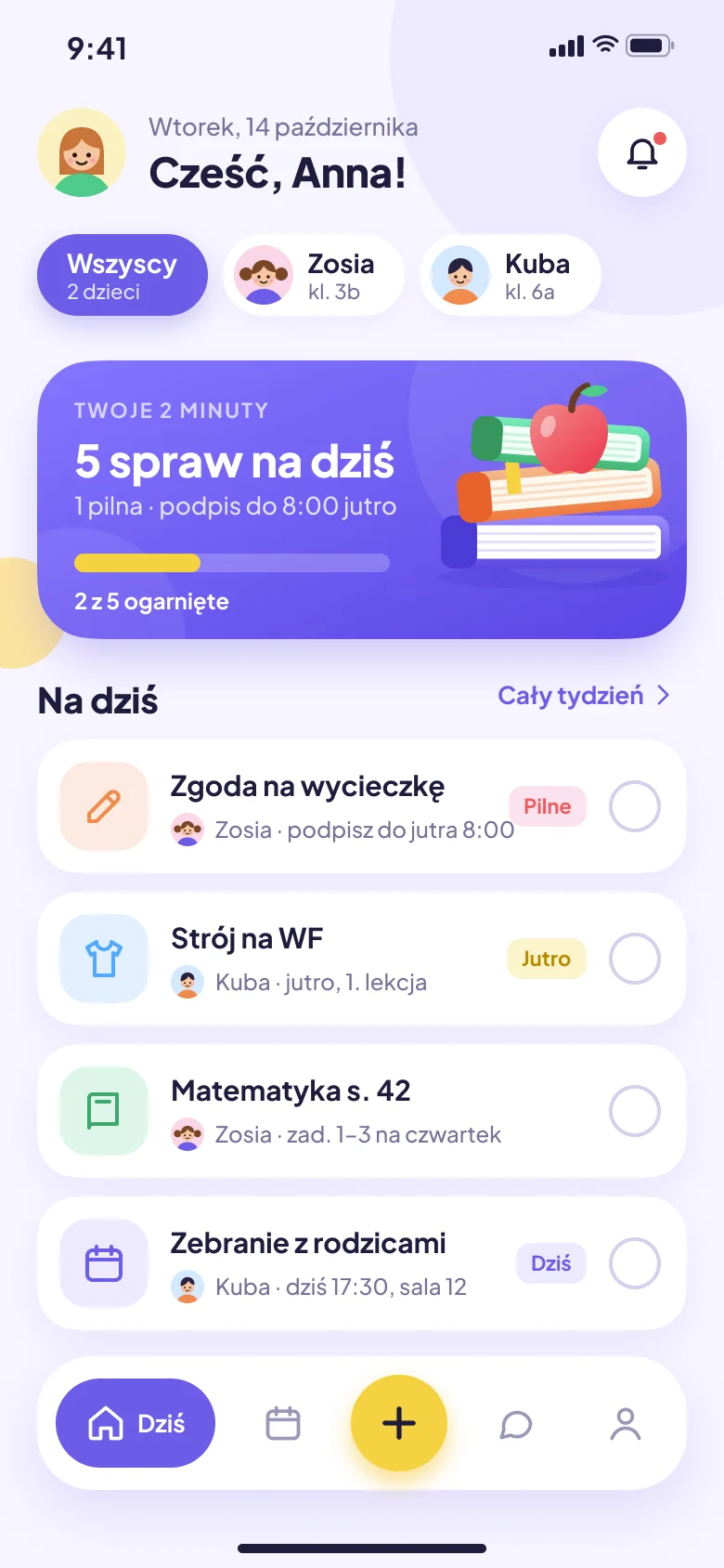 Ekran aplikacji: Rodzic widzi zgodę w „Dziś”