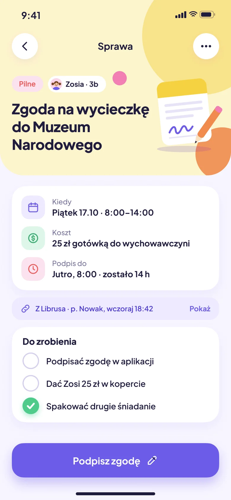 Ekran aplikacji: Otwiera szczegóły sprawy
