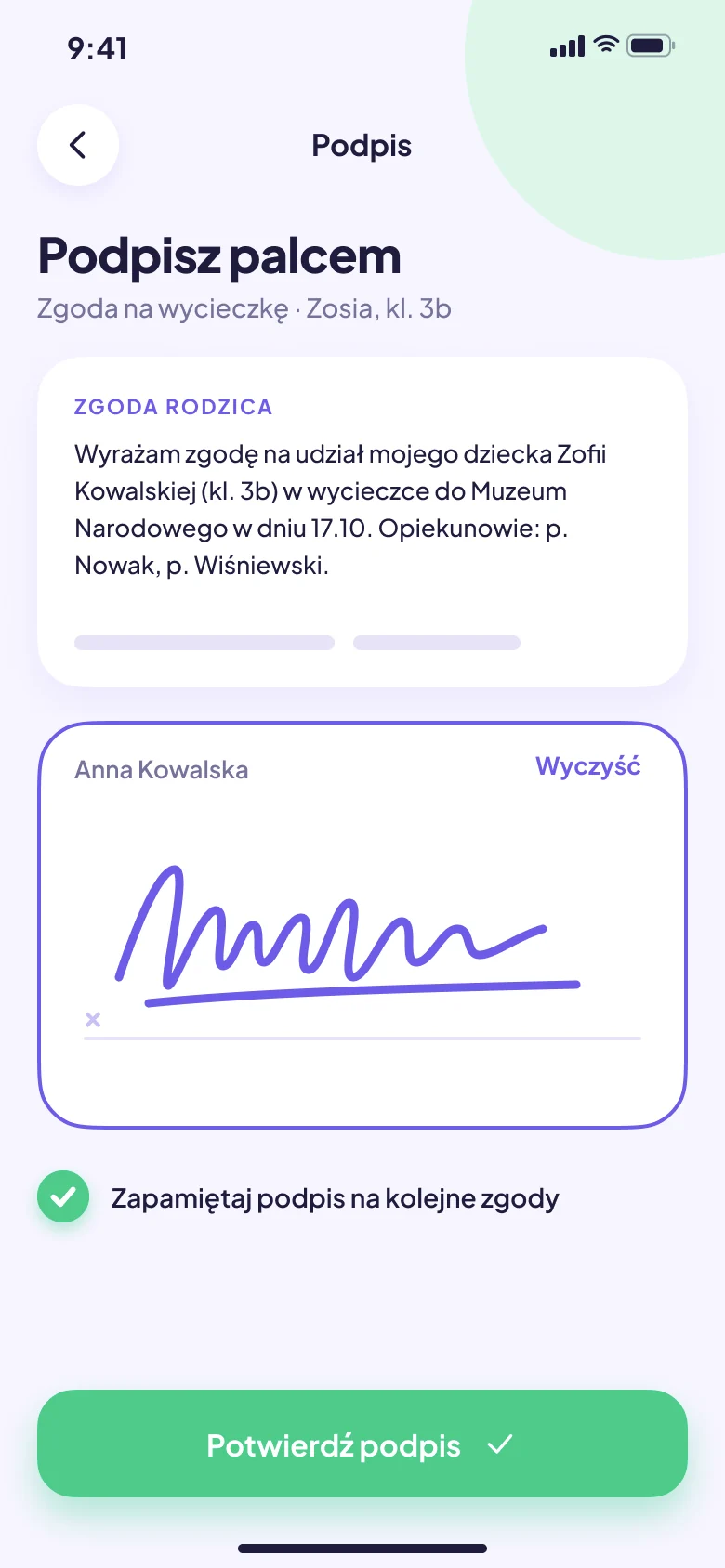 Ekran aplikacji: Podpisuje palcem