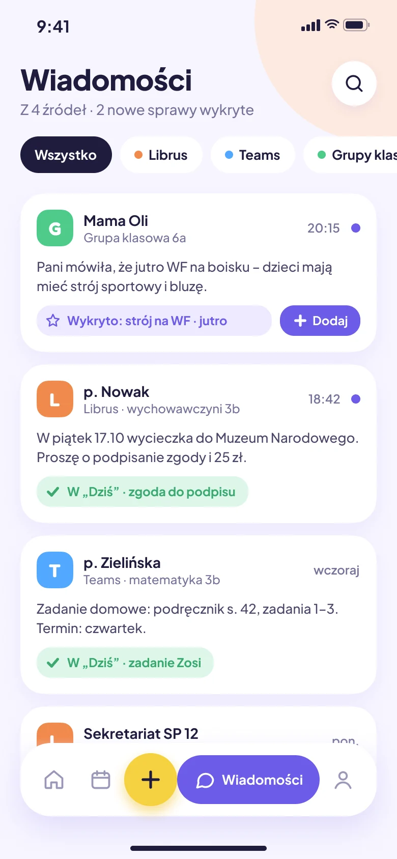 Ekran aplikacji: Wiadomości z 4 źródeł