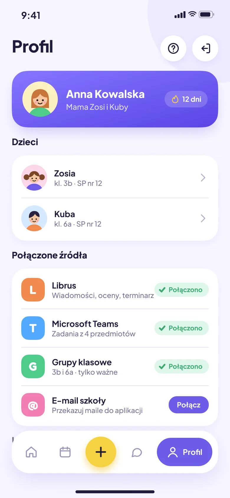 Ekran aplikacji: Profil i połączone źródła