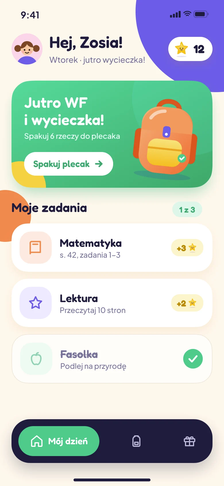 Ekran aplikacji: Mój dzień