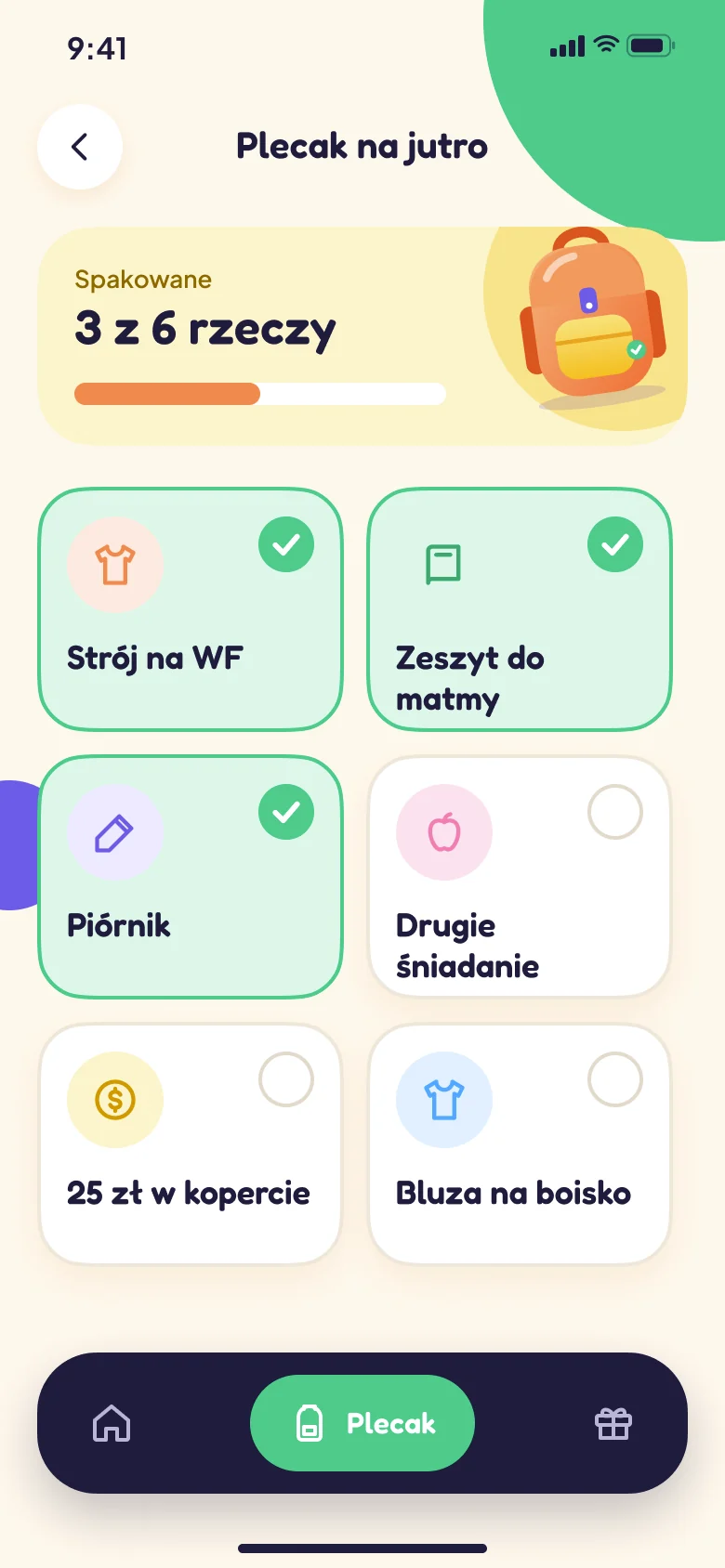 Ekran aplikacji: Plecak na jutro